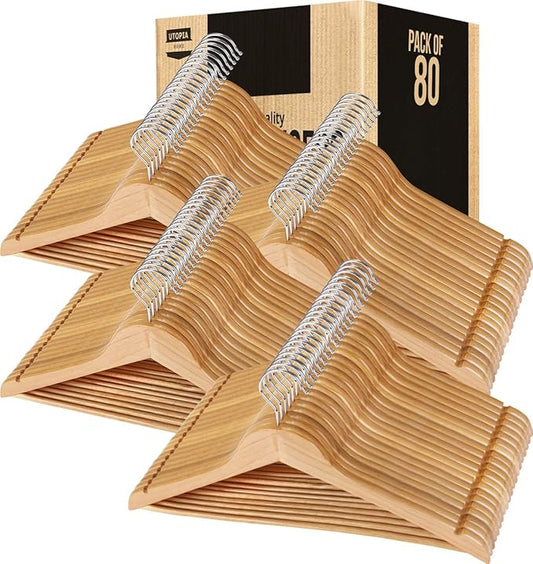 Utopia Home Premium Wooden Hangers 80 Pack - Durable & Slim Coat Hanger - Suit Hanger with 360-Degree Rotatable Hook - Wood Hangers with Shoulder Grooves (Natural Color)