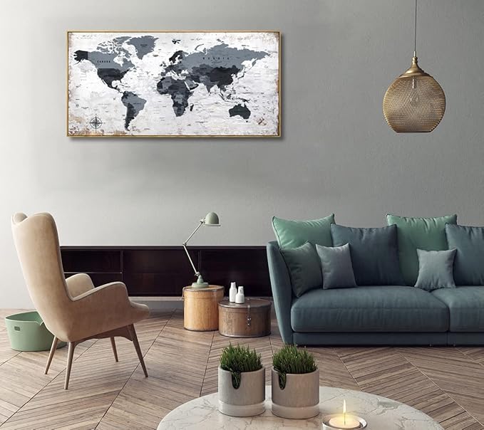 Framed wall art World Map Wall Art Canvas Picture 24inchx48inch Large Black and white Map of The World Canvas Painting Artwork Prints for Office Wall Decor Home Living Room Decorations Framed Ready to