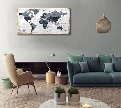 Framed wall art World Map Wall Art Canvas Picture 20inchx40inch Large Black and white Map of The World Canvas Painting Artwork Prints for Office Wall Decor Home Living Room Decorations Framed Ready to