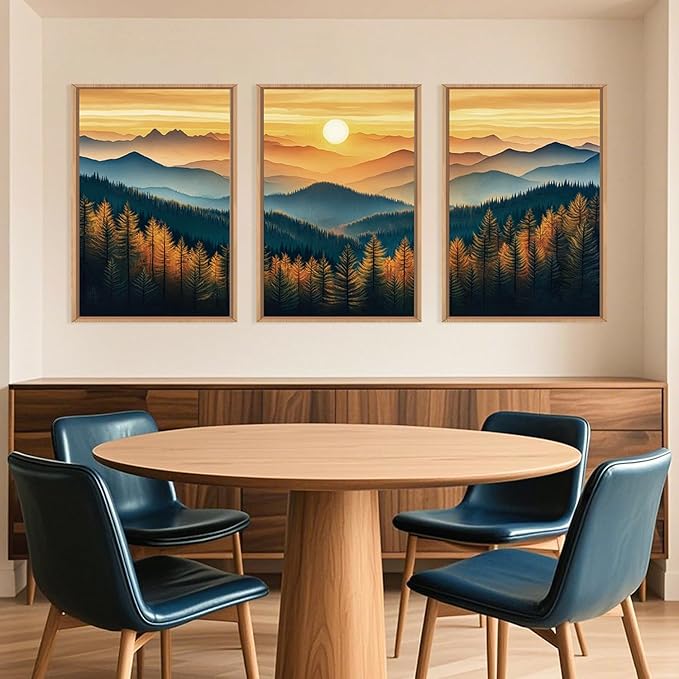 Large Boho Sunrise Mountain Framed Canvas Wall Art,Abstract Nature Forest Wall Decor,Foggy Pine Tree Wall Painting,Retro Landscape Artwork for Living Room,Bedroom,Dining Room,Office -16"x24"x3