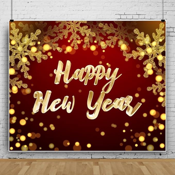 Leowefowa 12x10ft Happy New Year Round Backdrop Cover Red 2026 New Years Background Red and Gold Sequins Glitter Dot New Year Eve Celebration Festival Party Banner Decor Photo Studio Props