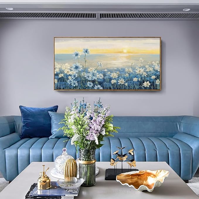 amatop Large Framed Wall Art for Living Room Bedroom Office Decor, Modern Beach Canvas Wall Art Coastal Ocean Nature Blue Artwork Floral Sunrise/Sunset Zen Landscape Flower Wall Picture 48"x24"