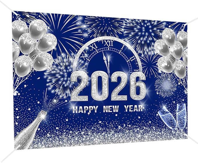 MEHOFOND 7x5 ft Blue and Silver 2026 Happy New Year Backdrop Cheers to 2026 New Year Eve Glitter Photography Background Hello 2026 Party Champagne Balloon Fireworks Decor Banner Cake Smash Photo Props