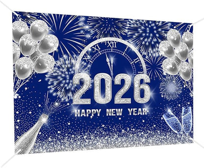 MEHOFOND 7x5 ft Blue and Silver 2026 Happy New Year Backdrop Cheers to 2026 New Year Eve Glitter Photography Background Hello 2026 Party Champagne Balloon Fireworks Decor Banner Cake Smash Photo Props