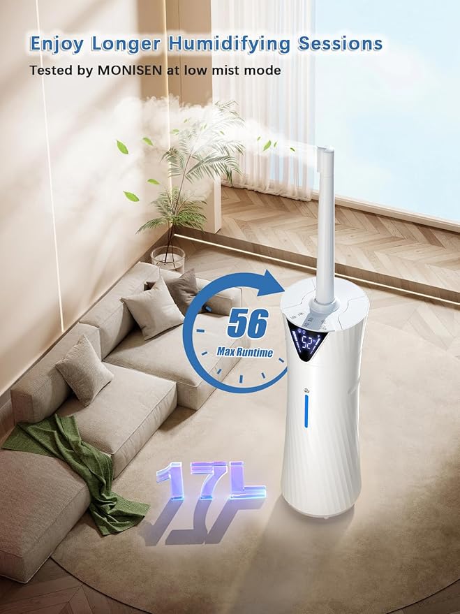 17L/4.5Gal Humidifier Large Room, Smart Quiet Ultrasonic Cool Mist Humidifiers for Bedroom, Covers 2000ft², 56H Runtime, 24H Timer, 3 Mist Modes Humidifiers for Home, Office, Plants, White
