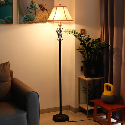 Farmhouse Mid-Century White Fabric Floor Lamp with Metal Leaf Resin Base 70 Inch Height Decor for Office Bedroom Living Room