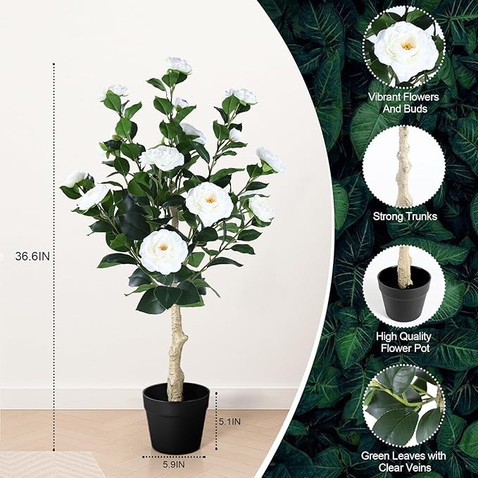 3FT Artificial Camellia Tree, 1 Pcs Fake Camellia Tree Artificial Tree, Faux Floral Plants in Cement Pot, Greenery Potted Plant for Indoor Outdoor Home Office Porch Decor (White)