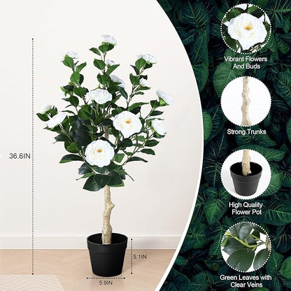 3FT Artificial Camellia Tree, 1 Pcs Fake Camellia Tree Artificial Tree, Faux Floral Plants in Cement Pot, Greenery Potted Plant for Indoor Outdoor Home Office Porch Decor (White)