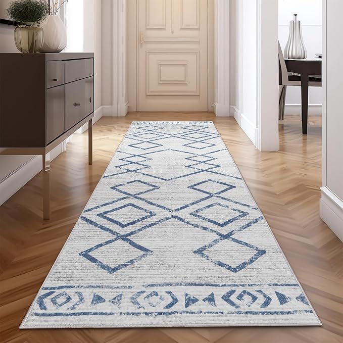 jinchan Hallway Runner Rug 3x10 - Moroccan Kitchen Machine Washable Runner Rug Modern Geometric Soft Faux Wool Ultra-Thin Low-Pile Non-Slip Carpet for Laundry Room Bedroom Farmhouse (3x10ft, Blue)