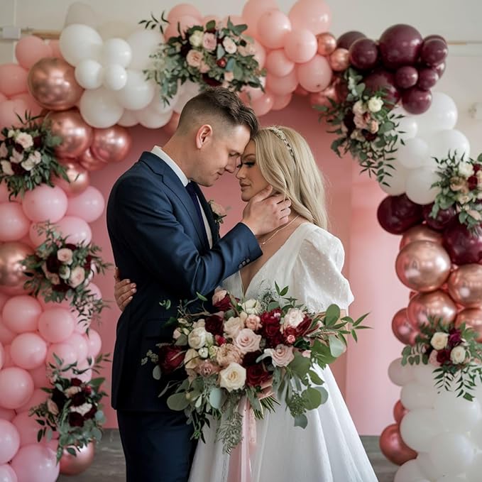 Burgundy Balloons, 12 Inch Maroon Balloons, Wine Red White Pearl Metallic Rose Gold Confetti Balloons Latex Balloons for Wedding Anniversary Engagement Romantic Dinner Fall Party Decorations