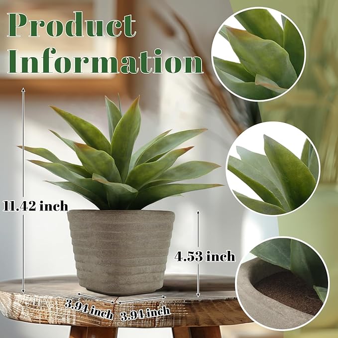 2 Pack Fake Plants 11.42 Inch, Artificial Agave Plants Potted, Faux Agave Plant Indoor for Home Room Office Bathroom Bedroom Kitchen Farmhouse Greenery Decor