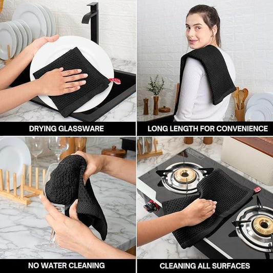Premium Cotton Waffle Kitchen Towels - Pack of 8 (13x28), Ultra Soft, High GSM, Absorbent Dish Towels, Quick Dry Best for Dish Cloths, Hand Towels & Dish Rags - Black (Kitchen Essentials)