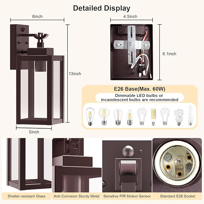 2-Pack Motion Sensor Porch Lights Outdoor, Farmhouse Brown Dusk to Dawn Exterior Lighting Fixtures with 3 Modes, Waterproof Wall Lanterns for House, Backyard, Entryway, Garage