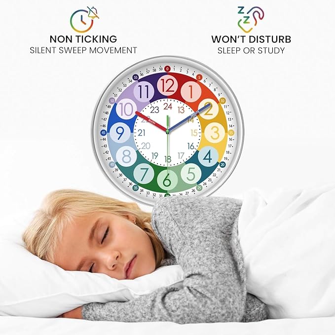 XFM Learning Clock for Kids 8 Inch Silent Wall Clocks Battery Operated Colorful Teaching Time Clock Small Analog Clock for Kids Room Classroom School Playroom