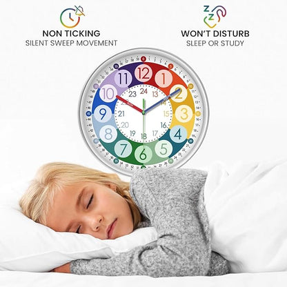 XFM Learning Clock for Kids 8 Inch Silent Wall Clocks Battery Operated Colorful Teaching Time Clock Small Analog Clock for Kids Room Classroom School Playroom