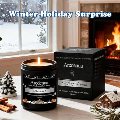 Firewood Candle – Winter Candles | Holiday Scented Candles, 7oz Jar Soy Candle for Home Scented - 50H Burn - Smoky Fireplace Cozy & Warm Scent, Christmas Gifts for Women & Men, Rustic Holiday Décor