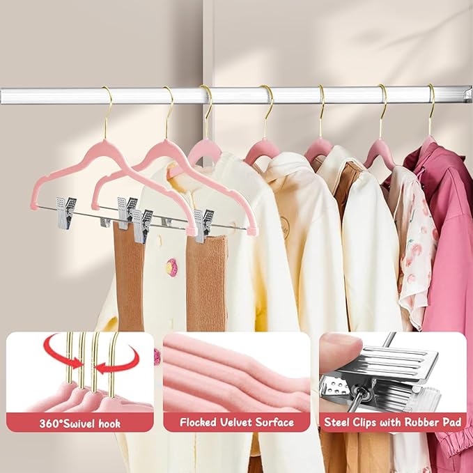 Stormix Baby Hangers, 24 Pack Pants Hangers with Clips, Non-Slip Clothes Hangers, Heavy-Duty Kids Hangers for Shirts, Pants, Skirts, Dresses, Jackets, Coat Pink (Gold Hook)