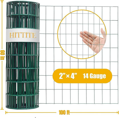 Green PVC Coated Welded Wire Fencing, 60in High x 100ft Long, 2 inch x 4 inch 14GA 2/3/4/5/6 Ft Tall Welded Wire Fence Rolls, Green Metal Garden Fence Wire Roll Garden Fencing for Yard
