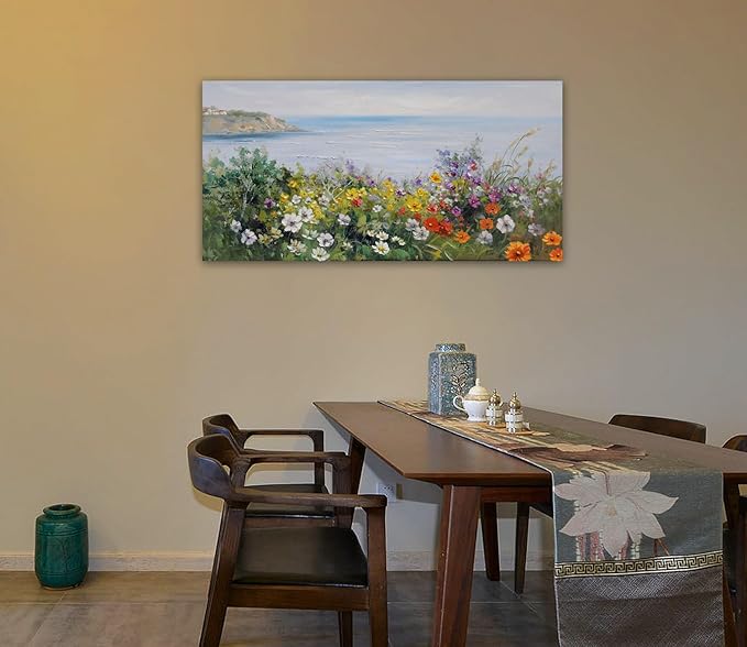 Acocifi Coastal Floral Wall Art Canvas Nature Flower Landscape Seascape Painting Colorful Wildflowers Picture, Large Textured Artwork for Living Room Bedroom Bathroom Kitchen Office Home Decor 58"x29"