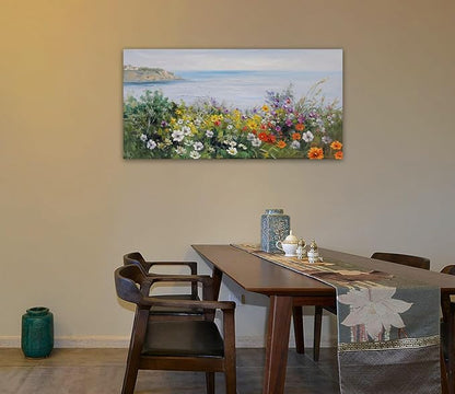 Acocifi Large Floral Canvas Wall Art Nature Coastal Flower Landscape Seascape Painting Colorful Wildflowers Picture, Textured Artwork for Living Room Bedroom Bathroom Kitchen Office Home Decor 48"x24"