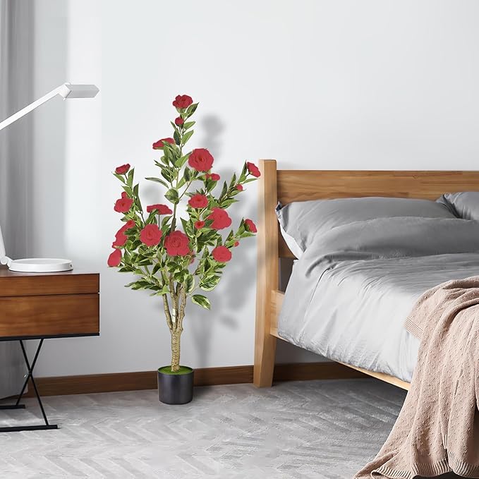 3Ft Artificial Camellia Tree 2pack, Red Silk Flowers Faux Plant for Indoor Outdoor Home Decor, Realistic Potted Greenery for Office Porch Living Room