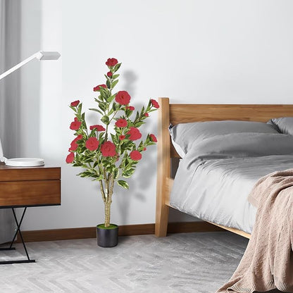 3Ft Artificial Camellia Tree 2pack, Red Silk Flowers Faux Plant for Indoor Outdoor Home Decor, Realistic Potted Greenery for Office Porch Living Room