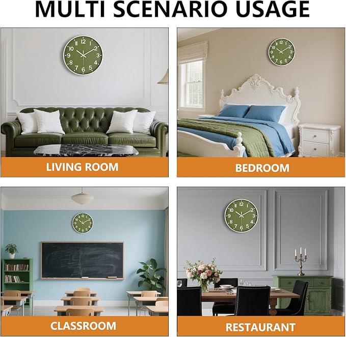 Wall Clock, 8 Inch Wall Clocks Battery Operated, Modern Non Ticking Silent Digital Analog Small Wall Clock for Bedroom Living Room Kitchen Office Gym Classroom Outdoor Clocks, Olive Green