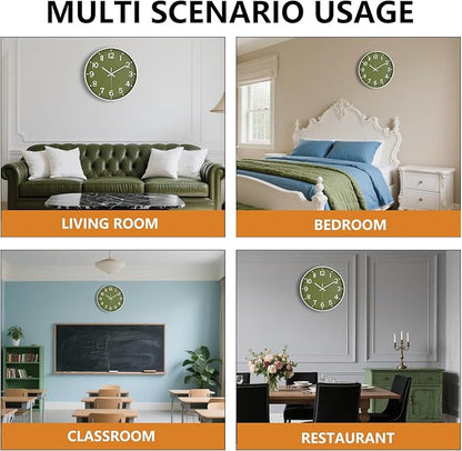 Wall Clocks Battery Operated, 12 Inch Non Ticking Wall Clock, Silent Analog Clock for Bedroom Living Room Kitchen Office Gym Classroom Decor, Large Number Clocks for Seniors, Olive Green