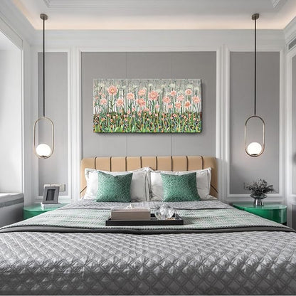amatop Large Floral Wall Art Modern Abstract Flower Field Canvas Picture Botanical Artwork Rustic Wall Decor for Living Room Bedroom Pink Green Blooming Wildflower Forest Nature Art Print 48x24in