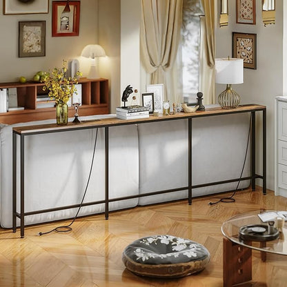 94.5" Behind Couch Table with 2 Fast Charging Stations, 7.1" Narrow Skinny Sofa Table with 4 Power Outlets, 4 USB-A, 2 USB-C for Console Entryway, Rustic Brown