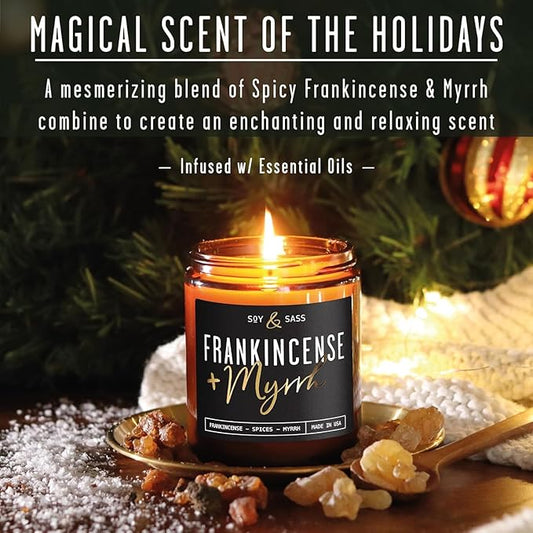 Frankincense and Myrrh Candle, Christmas Candles Scented - w/Spices, Frankincense & Myrrh - Infused with Essential Oils I Frankincense Candle I 9oz, 50Hr, Made in USA