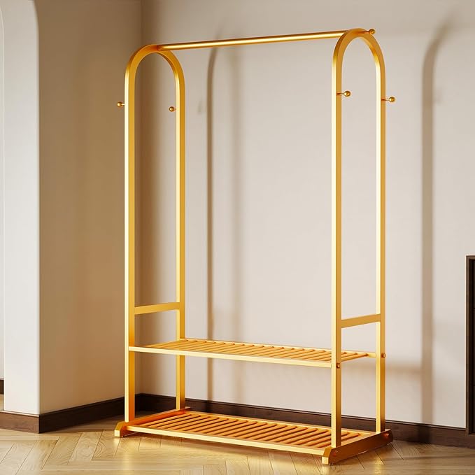Sturdy heavy duty clothes rack,Gold clothing rack with bottom shelves and 6 side hooks,Metal garment rack for hanging clothes