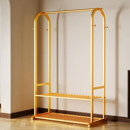 Sturdy heavy duty clothes rack,Gold clothing rack with bottom shelves and 6 side hooks,Metal garment rack for hanging clothes