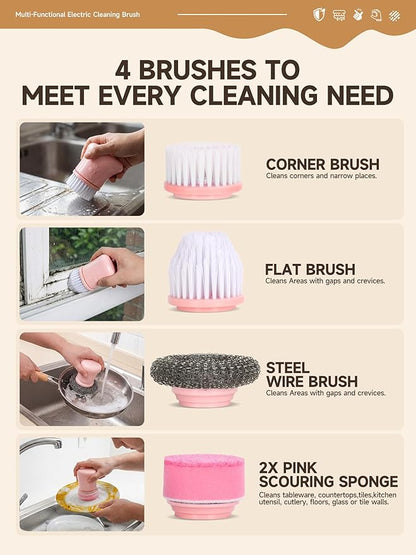 Electric Spin Scrubber, Mini Pink Cleaning Brush kit, for Wome, for Bathroom/Kitchen/Floor/Home/Grout/Tile/Shower, IP66 Waterproof Household Cleaning Supplies, Apartment Essentials