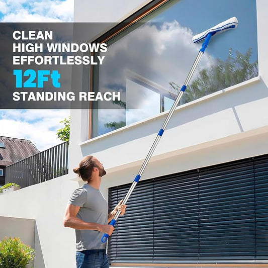 Squeegee for Window Cleaning, 14" Extra-Large Squeegee & Microfiber Scrubber Combi with 60" Stainless Steel Pole, Window Cleaning Kit for Shower Glass Mirror Door Car-2 Pads