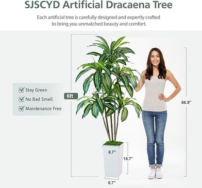 Dracaena Artificial Plants Indoor, 6FT Tall Faux Tree with White Tall Planter, Fake Yucca Tree Floor Plant, Artificial Trees for Home Office Living Room Garden Decor Outdoor, Housewarming Gift