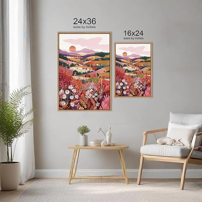 HLNIUC Boho Colorful Wall Art, Floral Mountain Framed Decor(24"x36"), Abstract Wildflower Nature 3 Piece Canvas Painting, Botanical Sunset Forest Art Print for Living Room, Bedroom, Office