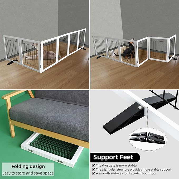 ZJSF Freestanding Dog Gate Indoor, Foldable Dog Fence for Doorways,Hallways or Stairs, Sturdy Wood Extra Wide Pet Gate with Support Feet,White,32 "Height-6 Panels