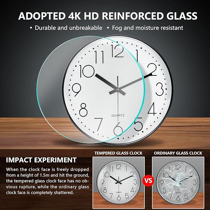 Silent Wall Clocks Battery Operated 8 Inch, Analog Wall Clock with Oversized Number Tempered Glass Clock Face, Black Quartz Non Ticking Wall Clocks for Living Room Bedroom Kitchen Office
