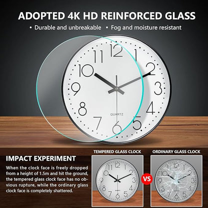 Silent Wall Clocks Battery Operated 8 Inch, Analog Wall Clock with Oversized Number Tempered Glass Clock Face, Black Quartz Non Ticking Wall Clocks for Living Room Bedroom Kitchen Office