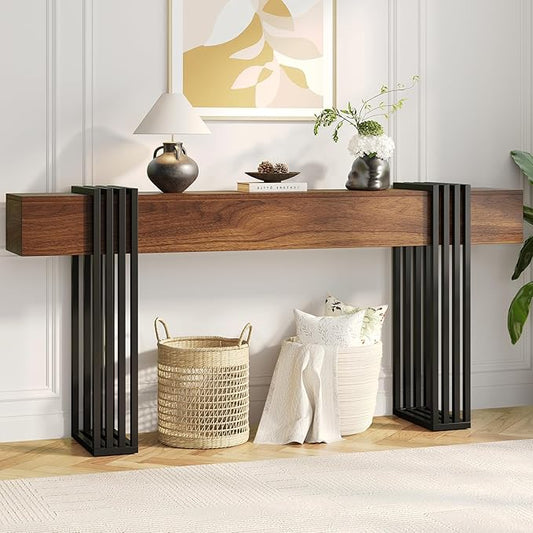 71 Inch Long Console Table, Extra Thick Industrial Sofa Table Behind The Couch Rectangular Entryway Table for Entrance Hallway Living Room, Entire top Board & 4-Pipe Legs, Rustic Brown