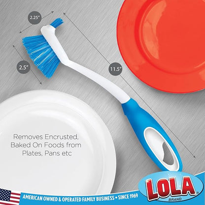 Dish Brush Scrubber for Kitchen, 4 Pack, by LOLA, Has Stiff Bristles & Food Scraper, Comfort No-Slip Grip Handle, Safe for Non-Stick & Coated Cookware