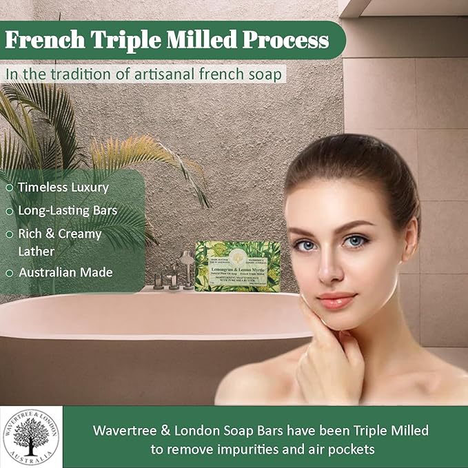 Wavertree & London Lemongrass & Lemon Myrtle Scented Natural Soap (8 Bars), 7oz Moisturizing French Triple Milled Soap Bars enriched with shea butter - Plant Oil Bath & Body Bars for All Skin Types
