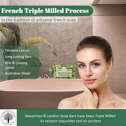 Wavertree & London Lemongrass & Lemon Myrtle Scented Natural Soap (8 Bars), 7oz Moisturizing French Triple Milled Soap Bars enriched with shea butter - Plant Oil Bath & Body Bars for All Skin Types
