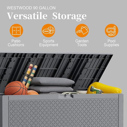 ZYJOYY Outdoor Storage Box, 90 Gallon Deck Box, Waterproof Resin Storage Box for Patio Cushions, Gardening Tools, Lockable, UV Resistant, Grey