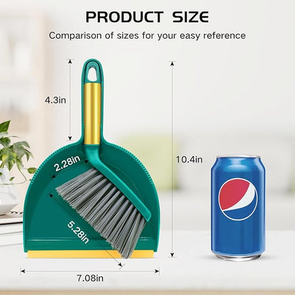 NACENA Mini Broom and Dustpan Set, Small Dust Pan and Brush Set with Handle Dustpan Teeth for Cleaning Hair Suitable for Office Desks Drawers Sofas Pet Care Outdoor Camping, Green