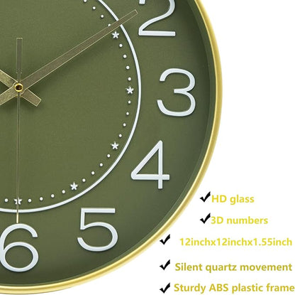 HZDHCLH 12inch Wall Clocks Battery Operated,Quartz Movement,Silent Non Ticking Modern Wall Clock for Living Room Bedroom Kitchen Office School Classroom Decor Green Gold