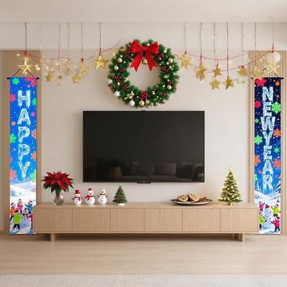Nuxovilar Happy New Year Banner, 70.86" x 11.81" Colorful Balls Fireworks Hanging Decorations for Outdoor Indoor Home Wall