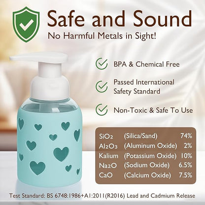SoCal Suds & Company Glass Foaming Hand Soap Dispenser, Heart Silicone Sleeve, Refillable Pump Bottle for Kids, Baby Wash & Shampoo, Ideal for Home Use, Sea Glass 8oz