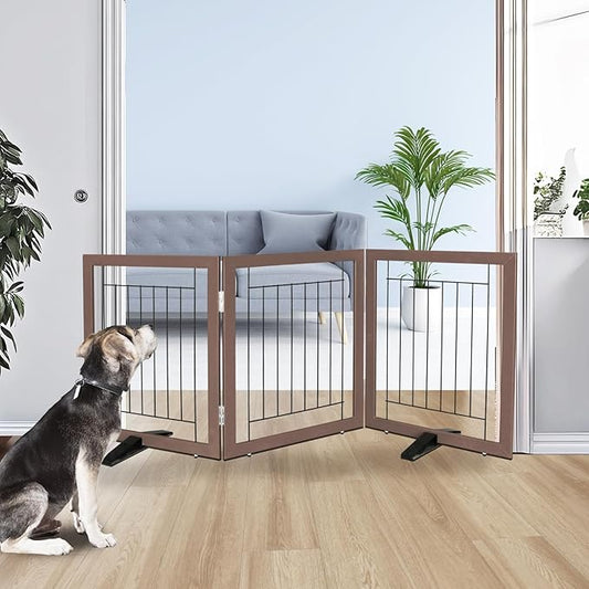 ZJSF Freestanding Dog Gate Indoor, Foldable Dog Fence for Doorways,Hallways or Stairs, Sturdy Wood Extra Wide Pet Gate with Support Feet,Brown,24 "Height-3 Panels